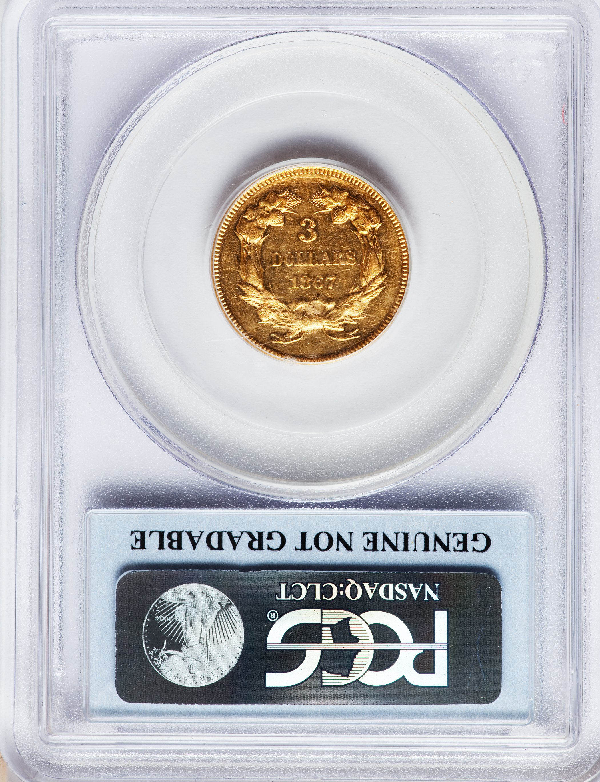 image for: 1867 $3 Proof Genuine PCGS. NGC Census: (0/0). PCGS Population (0/6). Mintage: 50. Numismedia Wsl. Price for problem free N...