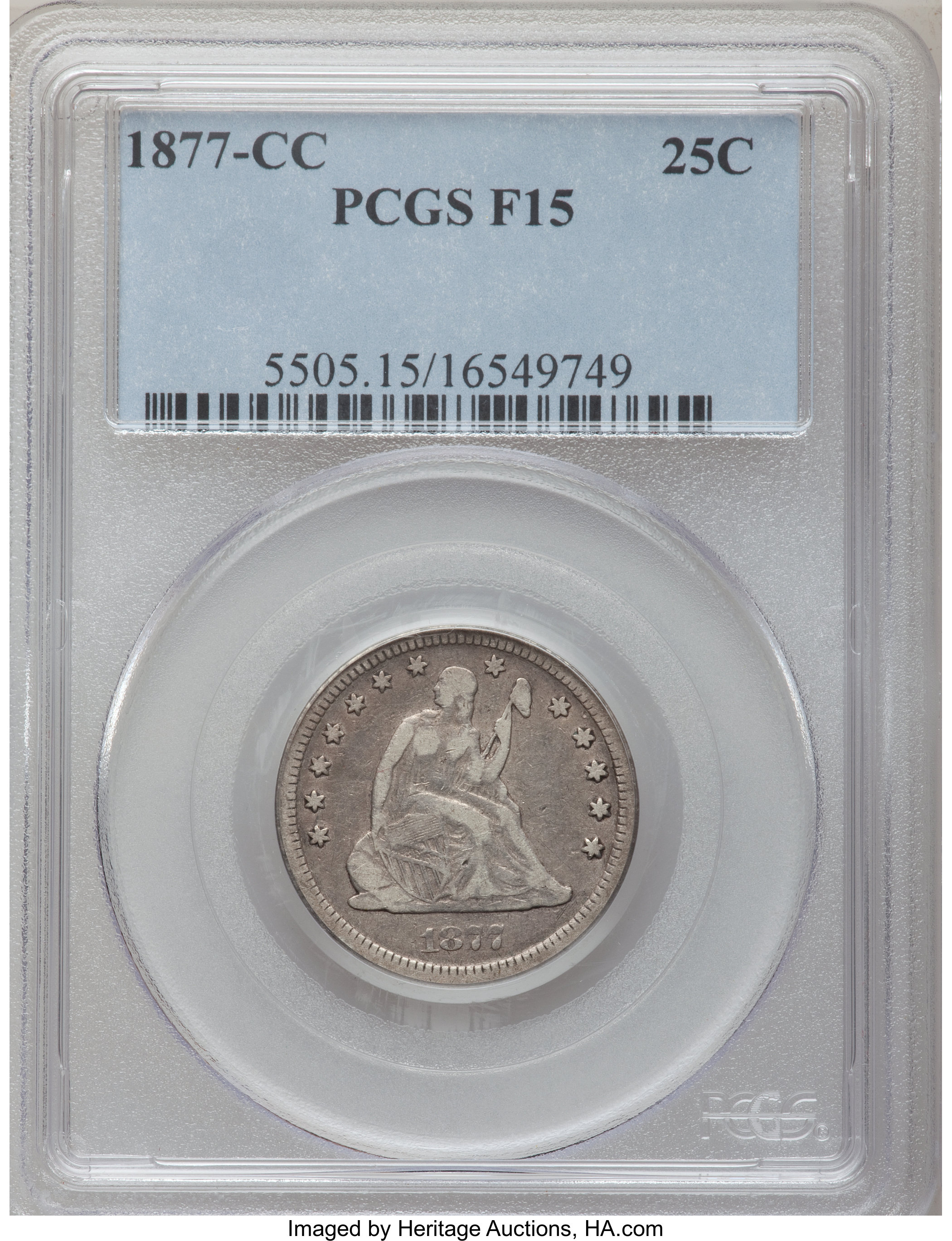1877-CC 25C Fine 15 PCGS. PCGS Population (6/514). NGC Census: (2/404). Mintage: 4,192,000. Numismedia Wsl. Price for probl...