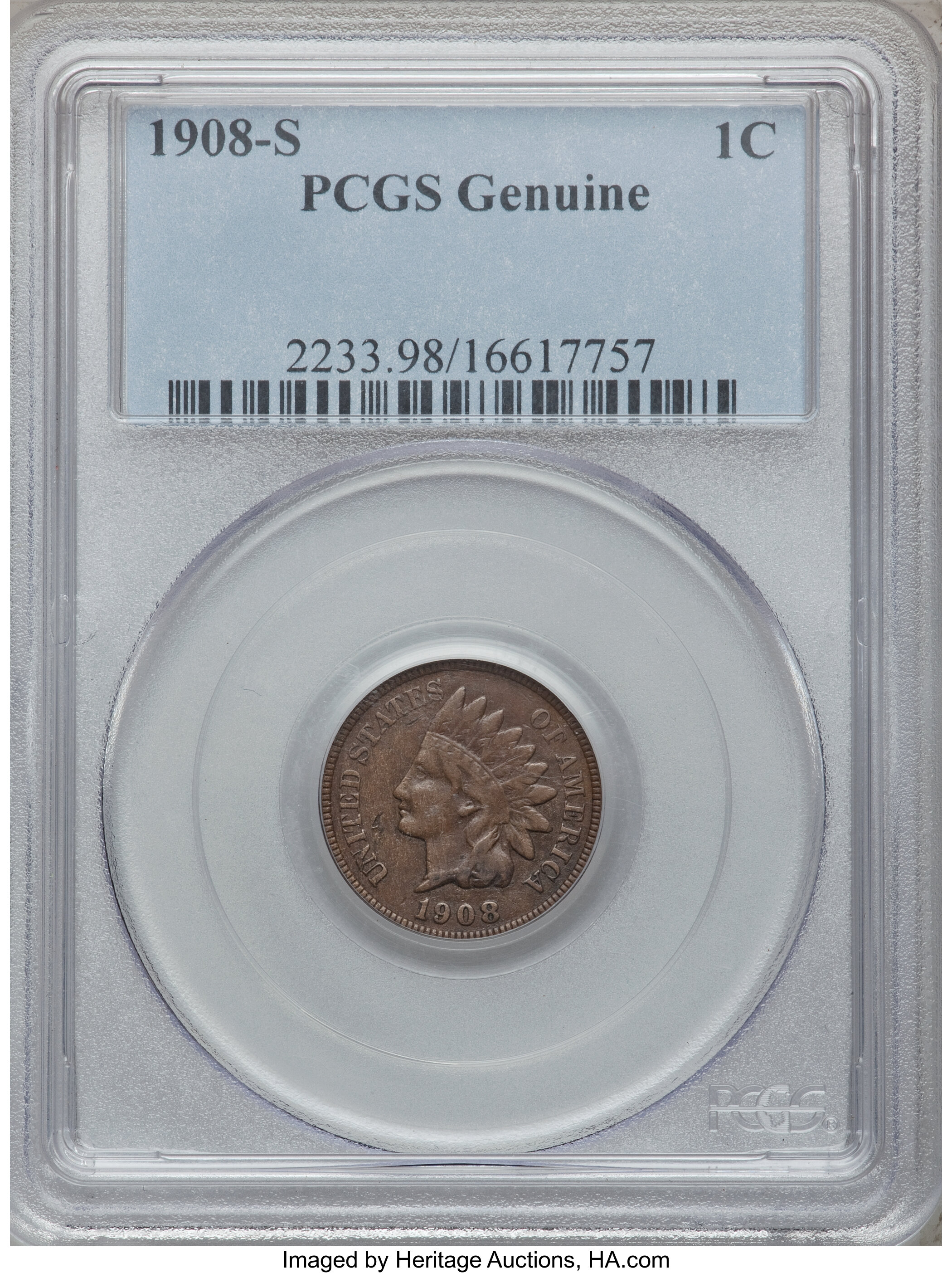 1908-S 1C -- Damage -- Genuine PCGS. This PCGS number ending in 98 suggests Damage as the reason, or perhaps one of the rea...