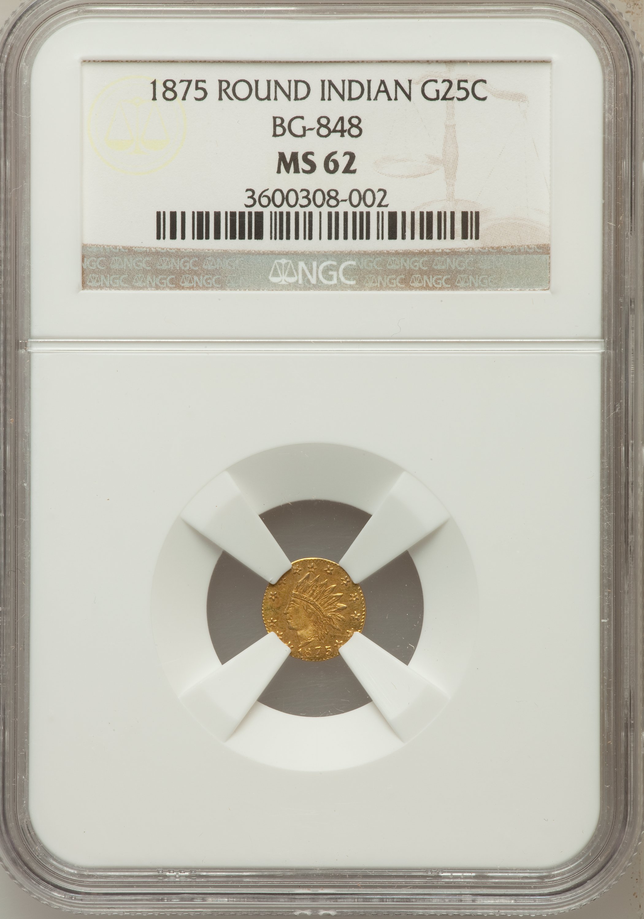 image for: 1875 25C Indian Round 25 Cents, BG-848, Low R.7, MS62 NGC. NGC Census: (2/1). PCGS Population (3/6).   (#10709)...