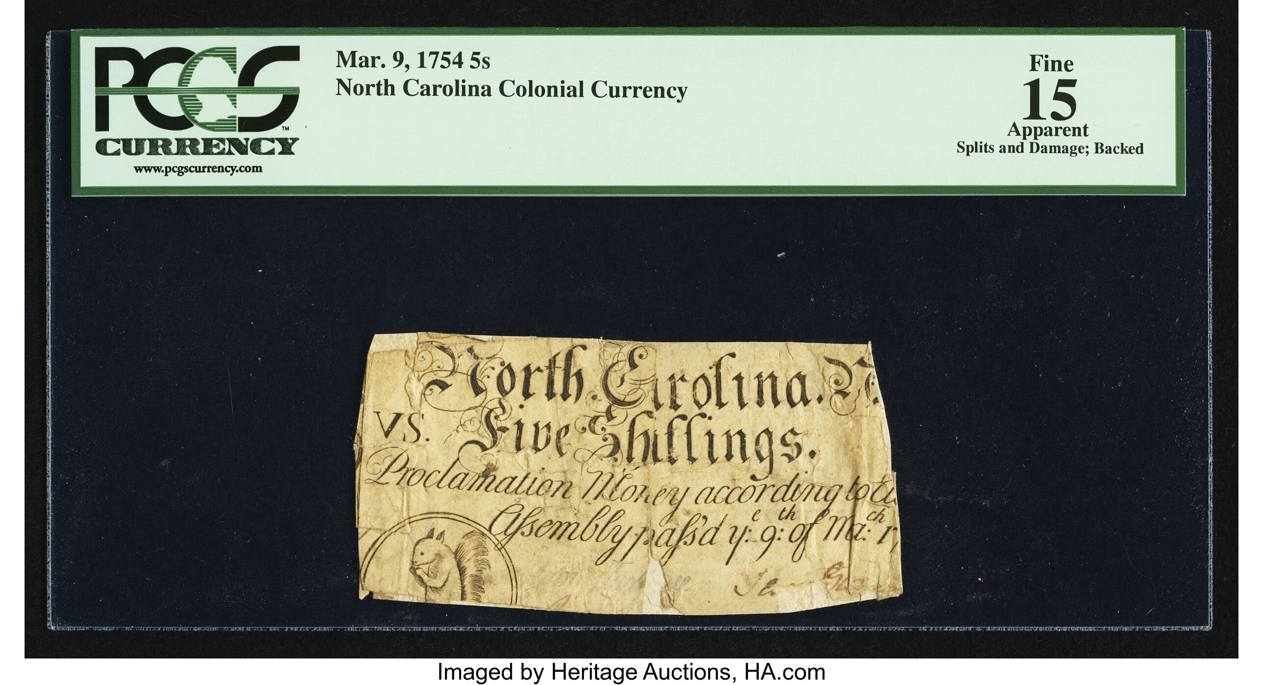 image for: North Carolina March 9, 1754 5s PCGS Apparent Fine 15....