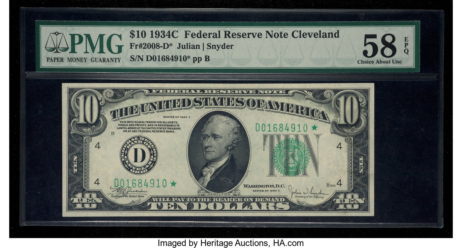 image for: Fr. 2008-D* $10 1934C Federal Reserve Star Note. PMG Choice About Unc 58 EPQ....