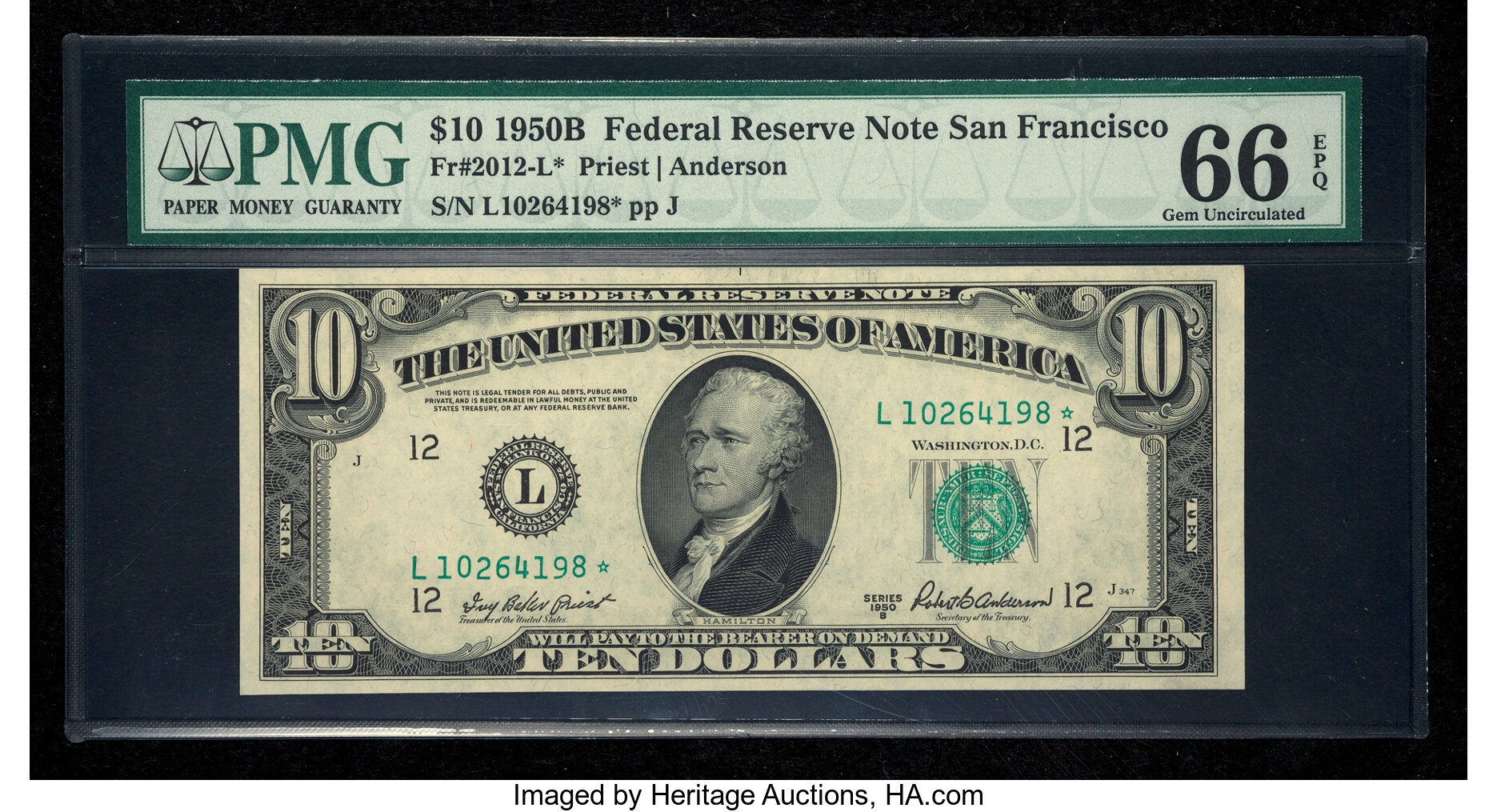 image for: Fr. 2012-L* $10 1950B Federal Reserve Star Note. PMG Gem Uncirculated 66 EPQ....