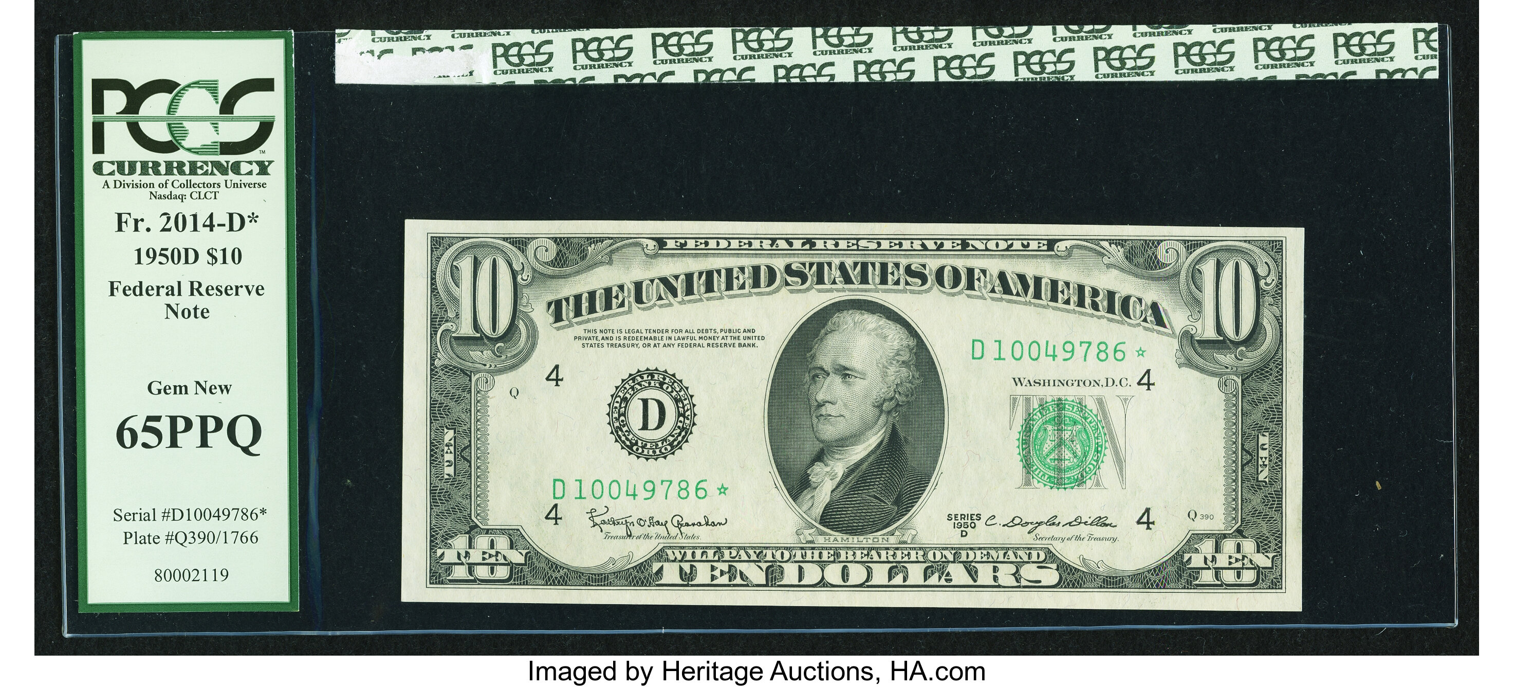 image for: Fr. 2014-D* $10 1950D Federal Reserve Star Note. PCGS Gem New 65PPQ....