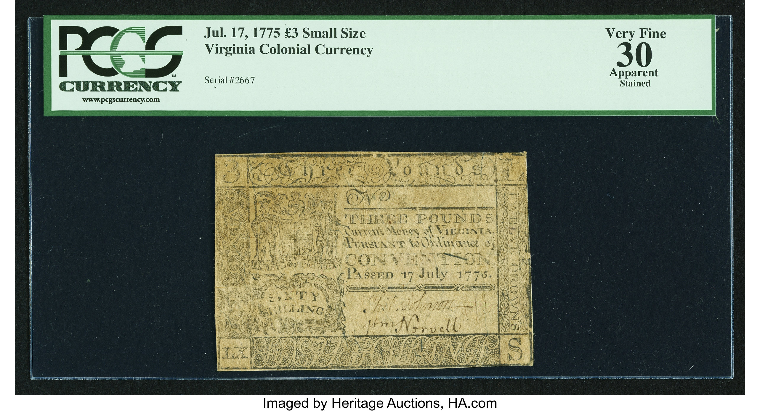 image for: Virginia July 17, 1775 £3 PCGS Apparent Very Fine 30....