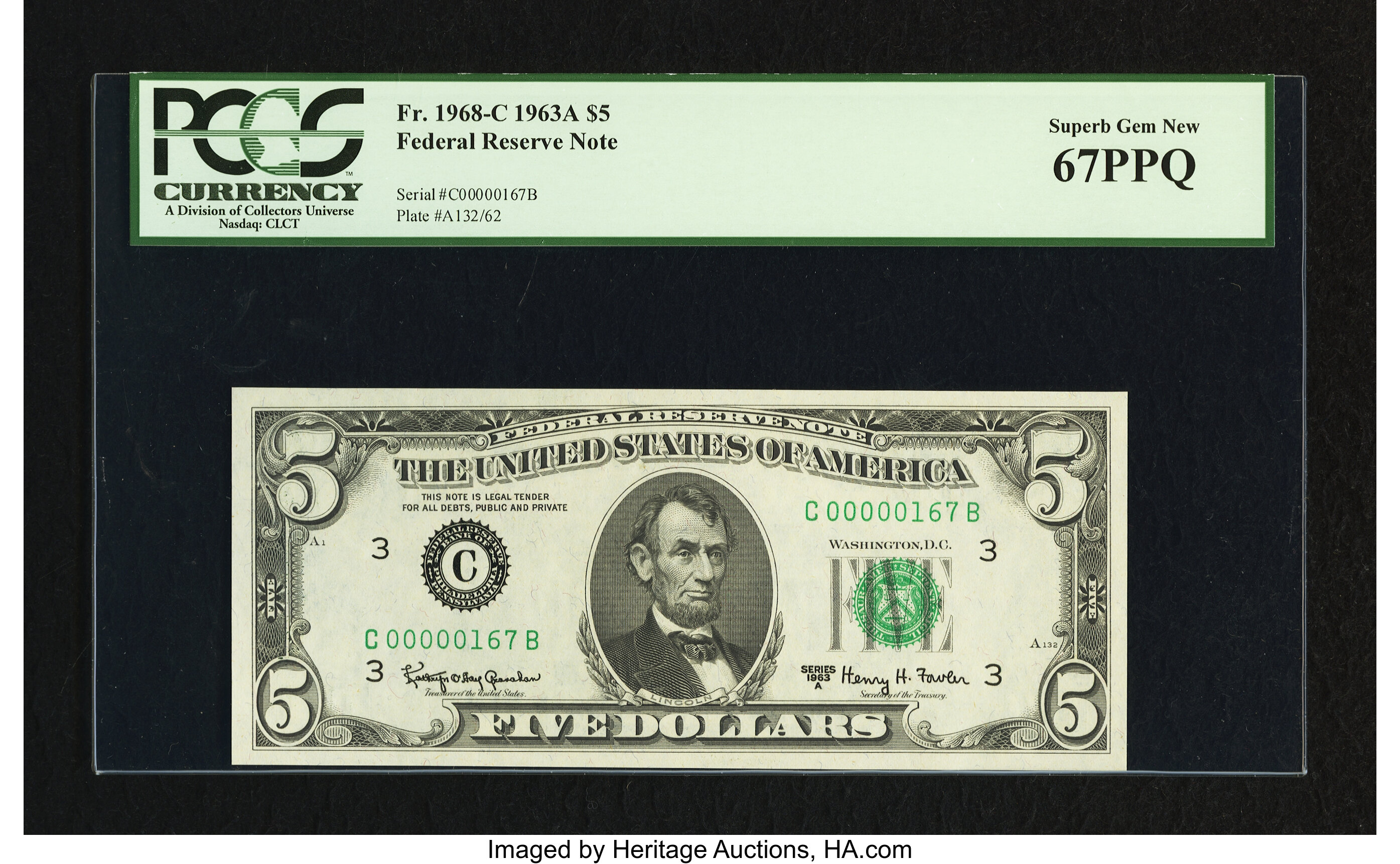 image for: Low Serial Number C00000167B Fr. 1968-C $5 1963A Federal Reserve Note. PCGS Superb Gem New 67PPQ....
