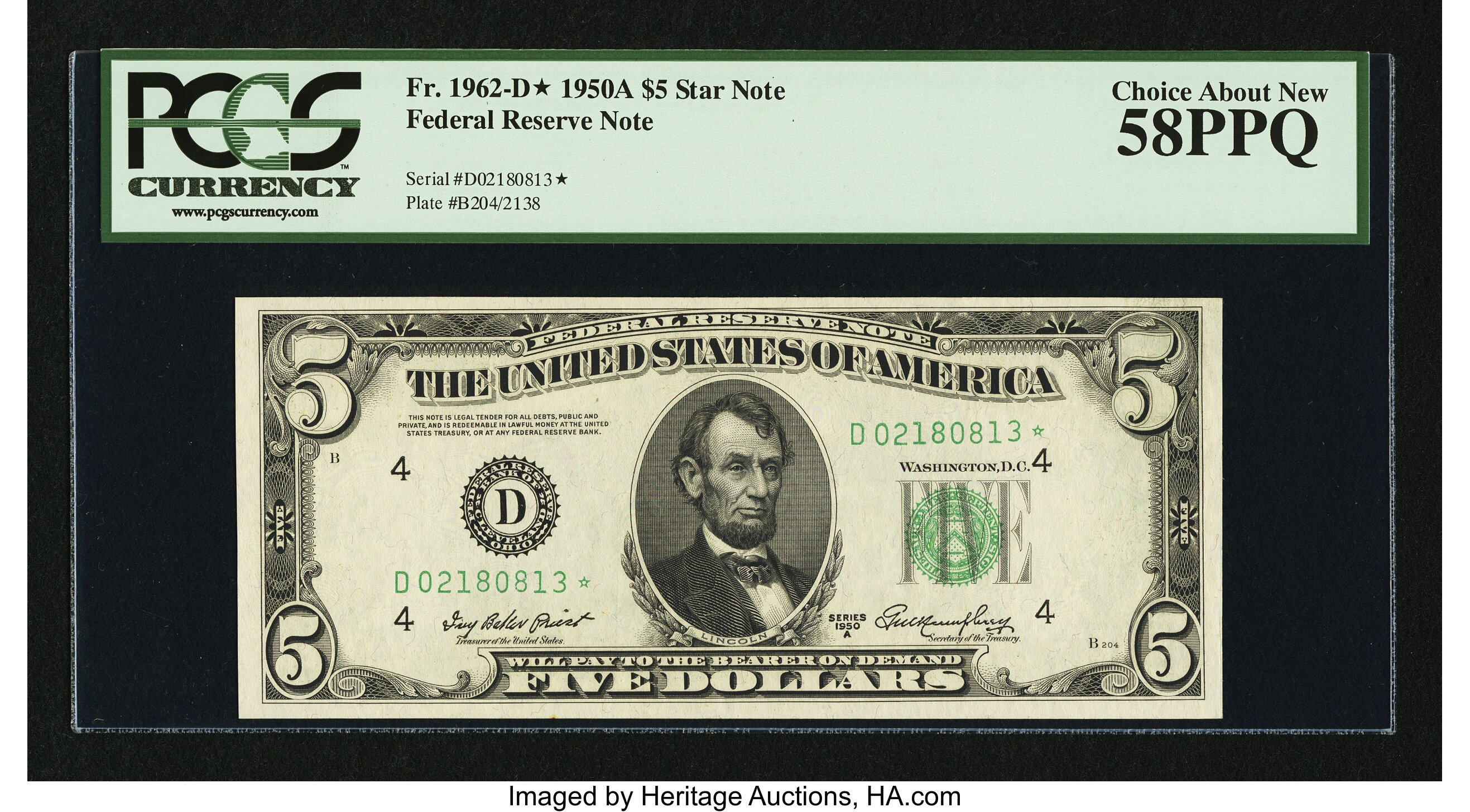 image for: Fr. 1962-D* $5 1950A Federal Reserve Note. PCGS Choice About New 58PPQ....