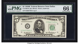 image for: Fr. 1963-K $5 1950B Federal Reserve Note. PMG Gem Uncirculated 66 EPQ....