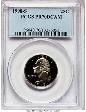 image for: 1998-S 25C Clad PR70 Deep Cameo PCGS. PCGS Population (187). NGC Census: (227). Numismedia Wsl. Price for problem free NGC...