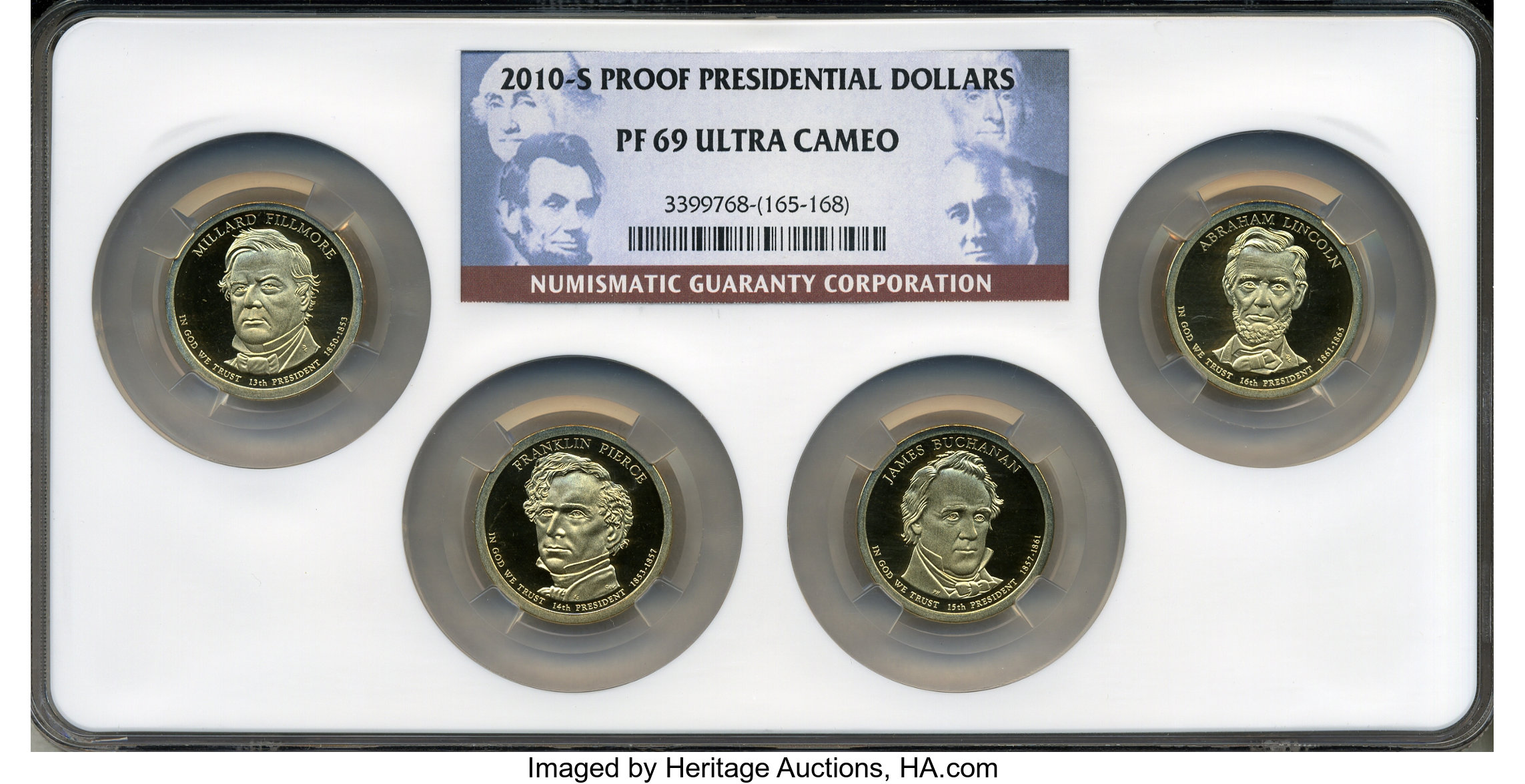 image for: 2010-S $1 Set of Four Presidential Dollars PR69 Ultra Cameo NGC. This set includes: Millard Fillmore, Franklin Pierce, Jame... (Total: 5 coins)