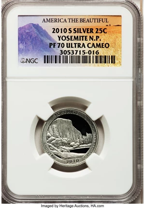 image for: 2010-S 25C Yosemite National Park Silver PR70 Ultra Cameo NGC. NGC Census: (0). PCGS Population (365). (#418840)...