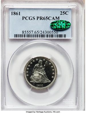 image for: 1861 25C PR65 Cameo PCGS. CAC....