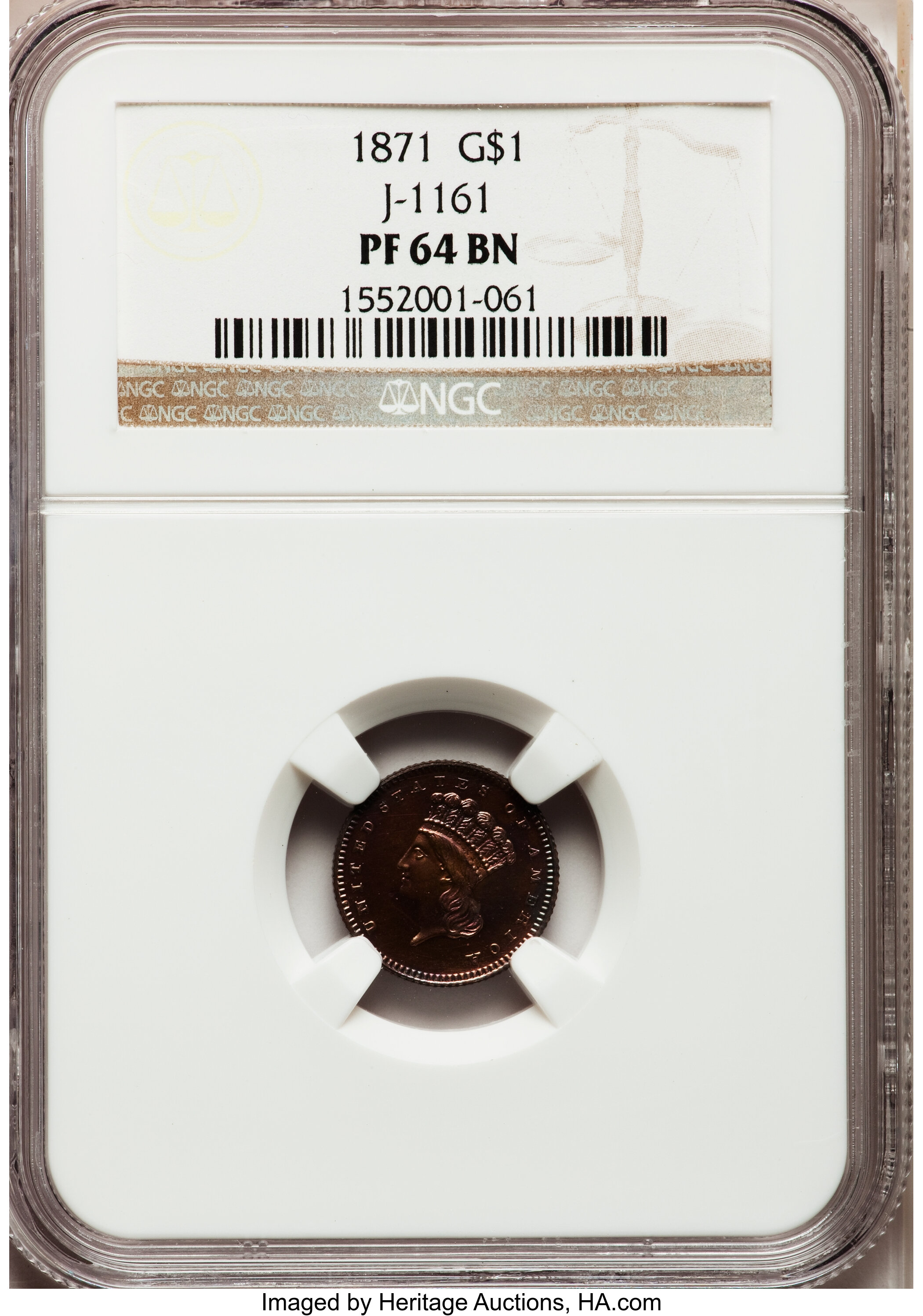 image for: 1871 G$1 Gold Dollar, Judd-1161, Pollock-1303, R.8, PR64 Brown NGC....