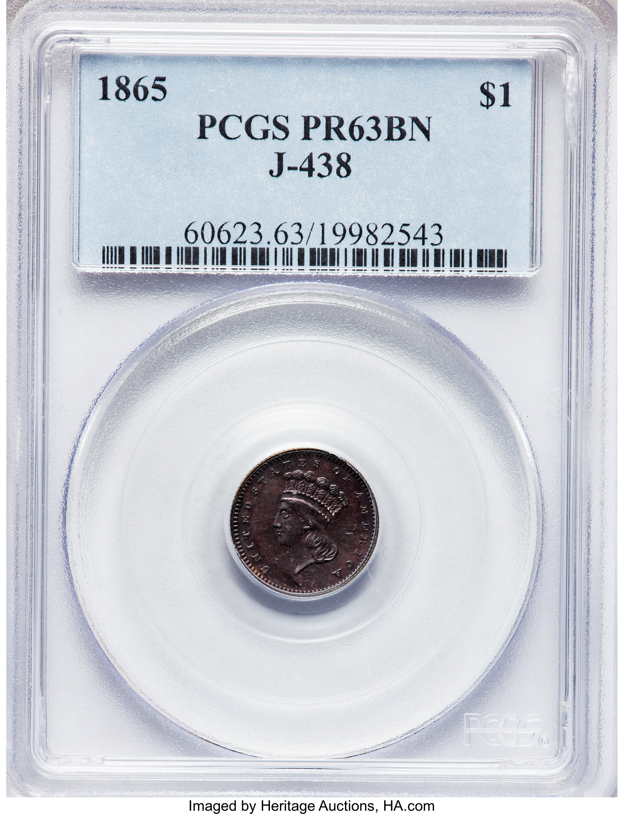 image for: 1865 G$1 Gold Dollar, Judd-438, Pollock-511, Low R.7, PR63 Brown PCGS....