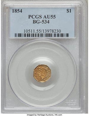 image for: 1854 $1 Large Eagle Octagonal 1 Dollar, BG-534, High R.6, AU55 PCGS....