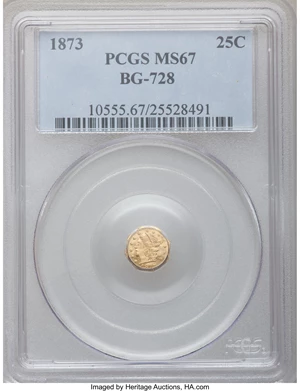image for: 1873 25C Liberty Octagonal 25 Cents, BG-728, R.3, MS67 PCGS....