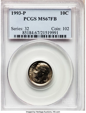 image for: 1993-P 10C MS67 Full Bands PCGS. PCGS Population (12/0). NGC Census: (19/2). Mintage: 766,179,968. (#85184)...