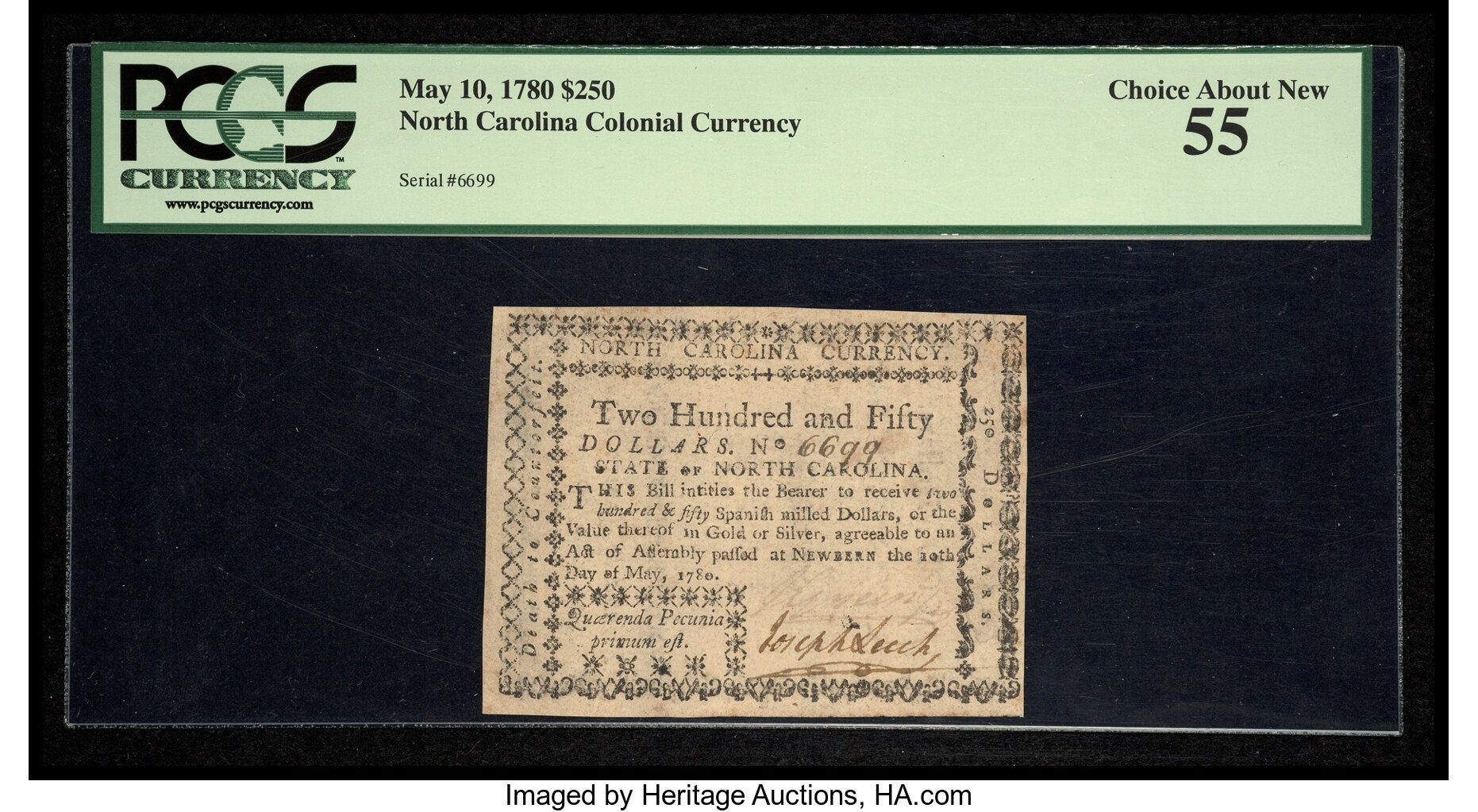 image for: North Carolina May 10, 1780 $250 Quaerenda Pecunia Primum Est. PCGS Choice About New 55....