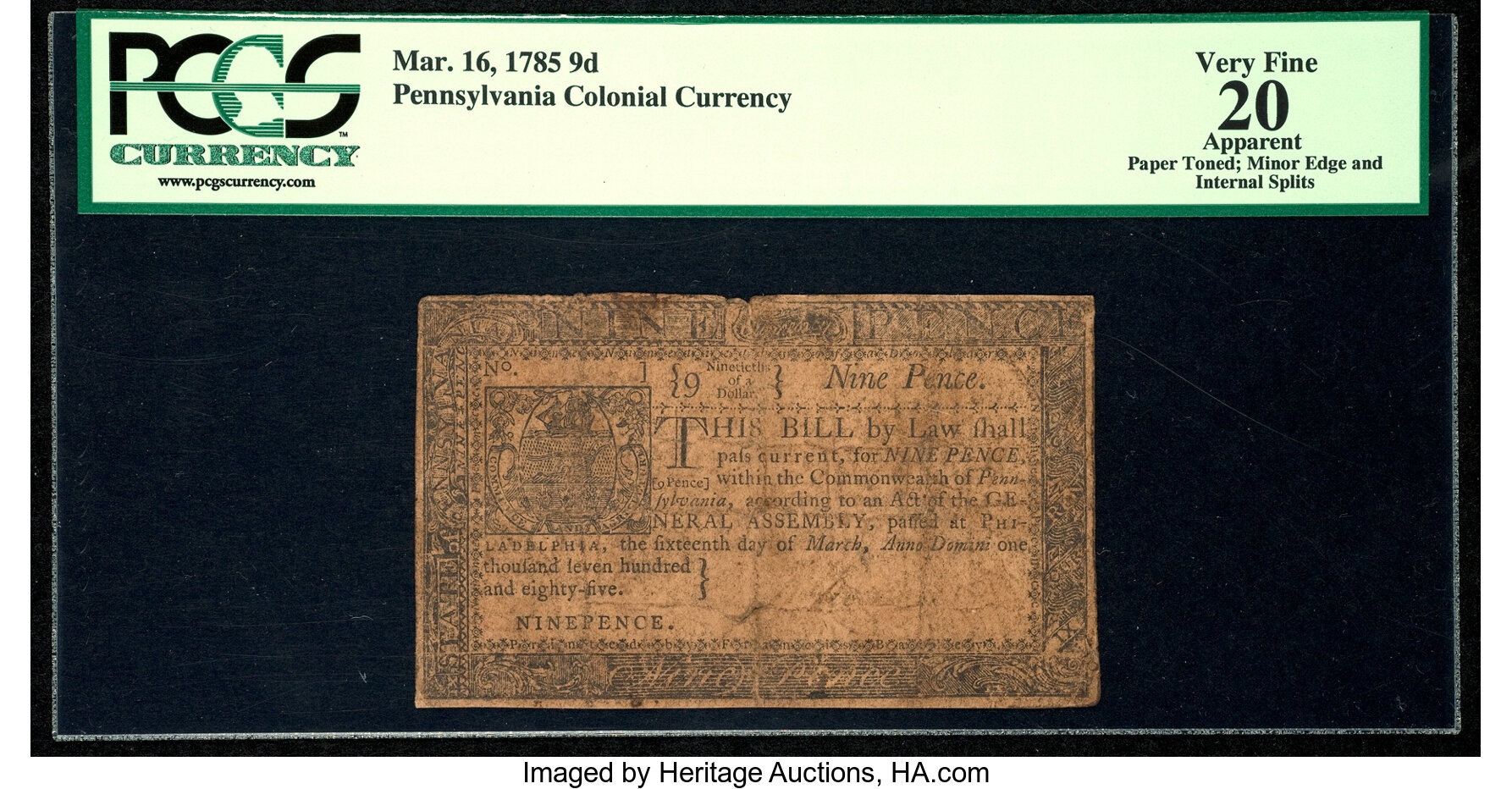 image for: Pennsylvania March 16, 1785 9d PCGS Apparent Very Fine 20....
