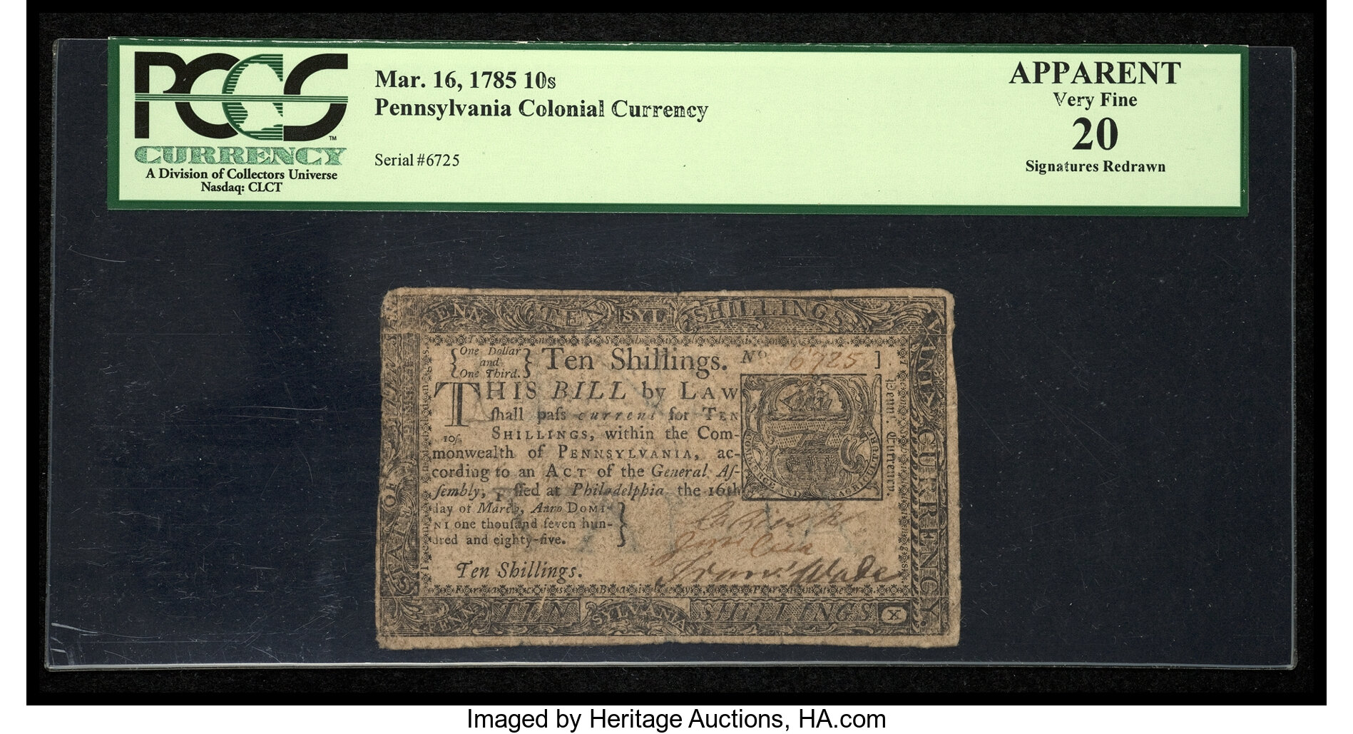 image for: Pennsylvania March 16, 1785 10s PCGS Apparent Very Fine 20....