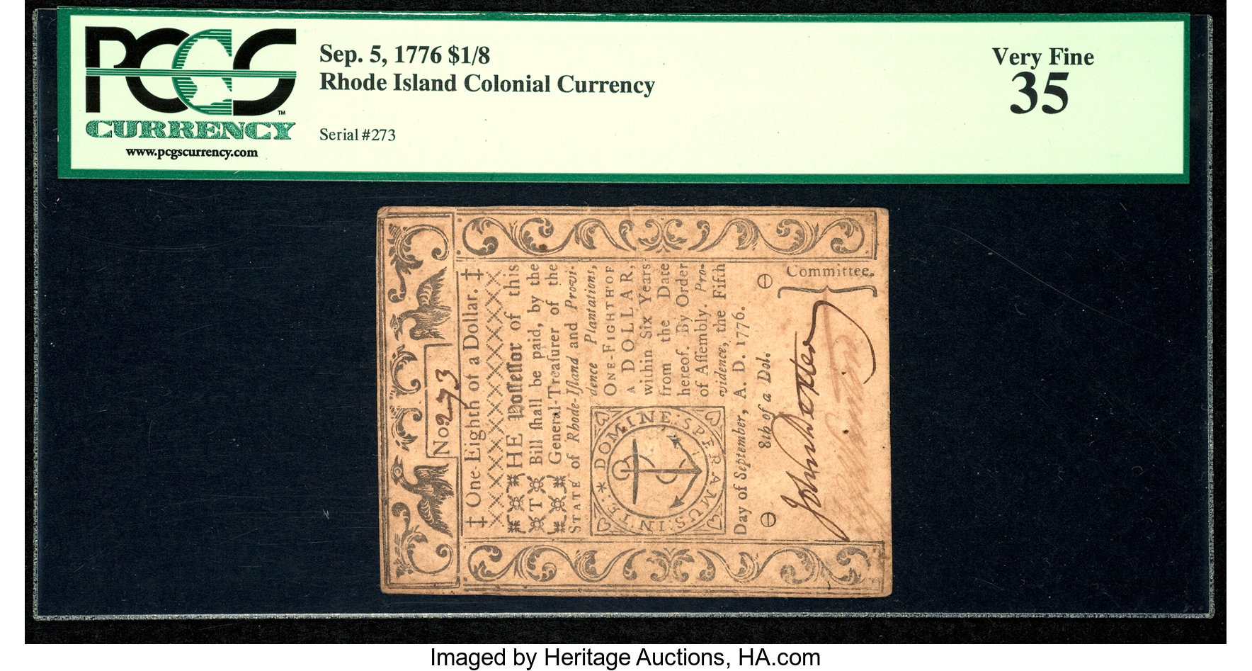 image for: Rhode Island September 5, 1776 $1/8 PCGS Very Fine 35....