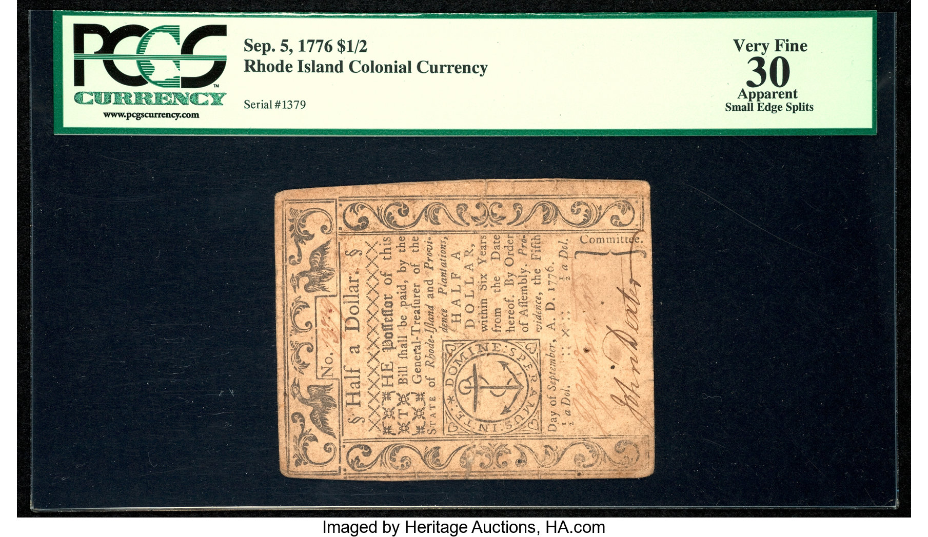 image for: Rhode Island September 5, 1776 $1/2 PCGS Apparent Very Fine 30....