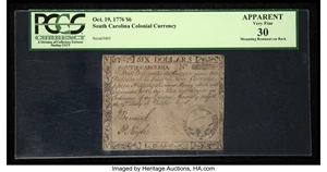 image for: South Carolina October 19, 1776 $6 PCGS Apparent Very Fine 30....