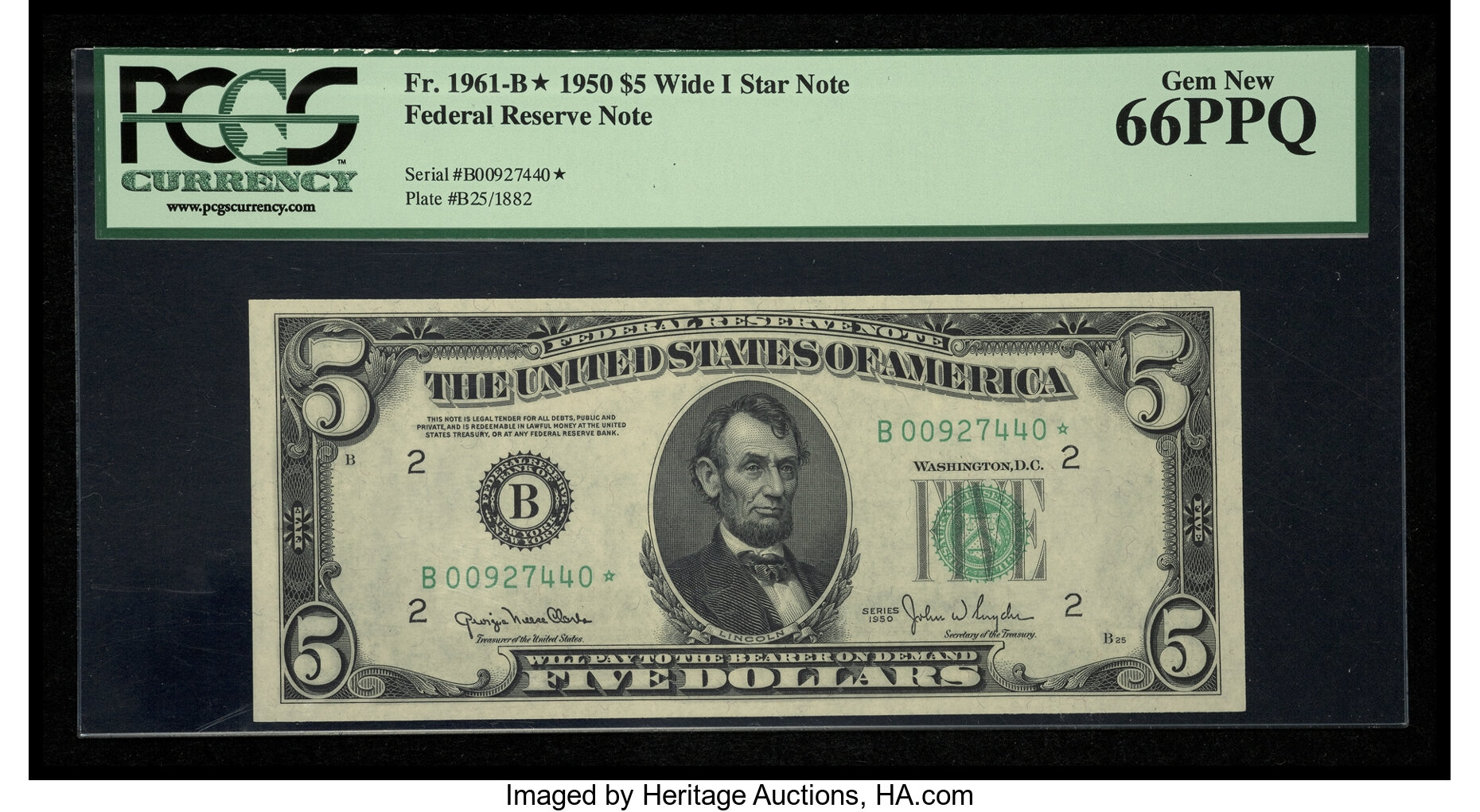 image for: Fr. 1961-B* $5 1950 Wide 1 Federal Reserve Note. PCGS Gem New 66PPQ....