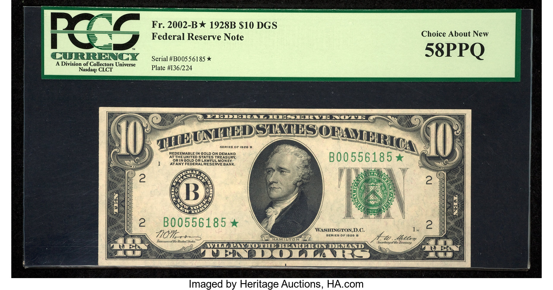image for: Fr. 2002-B* $10 1928B Dark Green Seal Federal Reserve Star Note. PCGS Choice About New 58PPQ....
