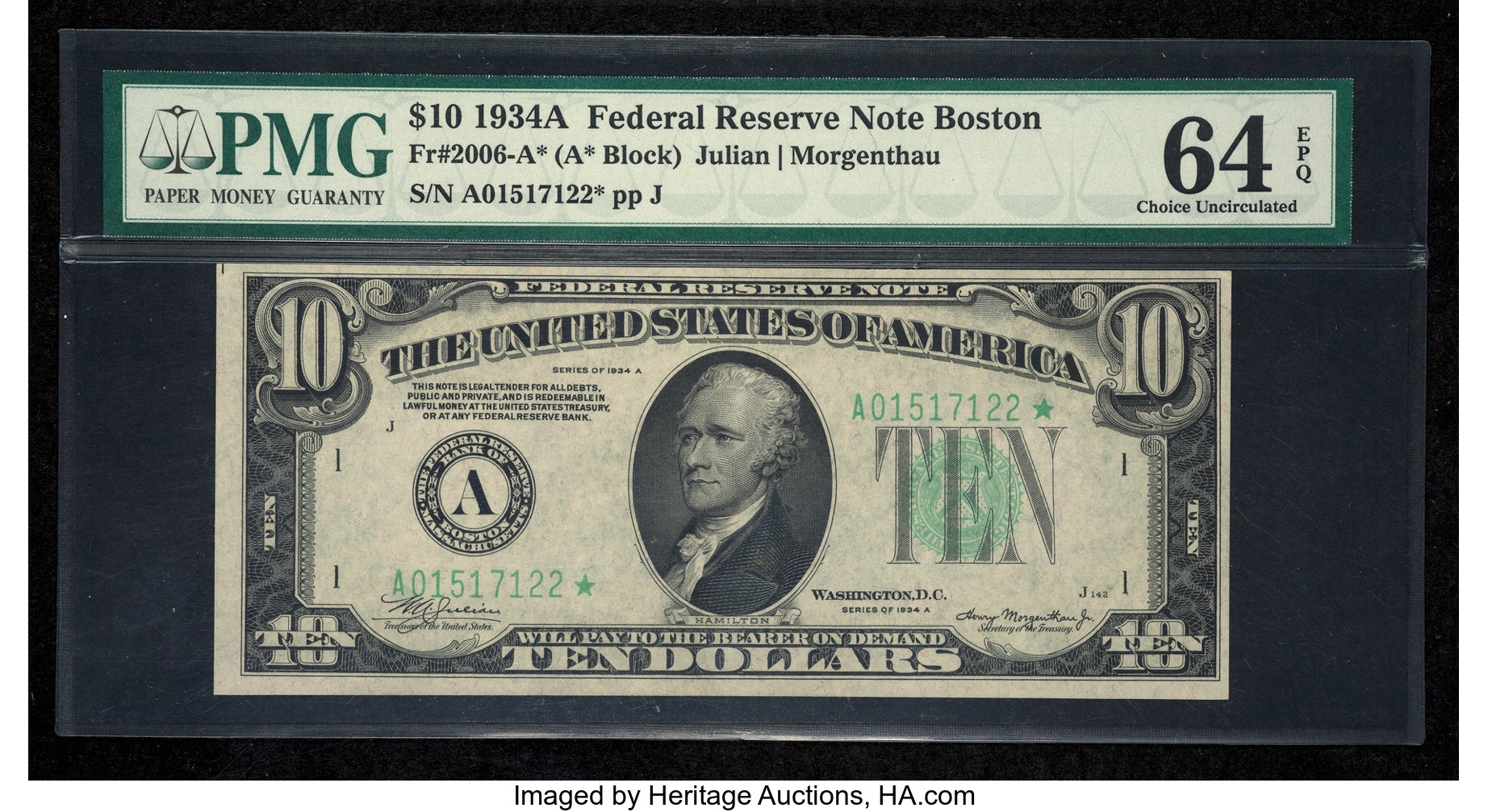 image for: Fr. 2006-A* $10 1934A Federal Reserve Note. PMG Choice Uncirculated 64 EPQ....