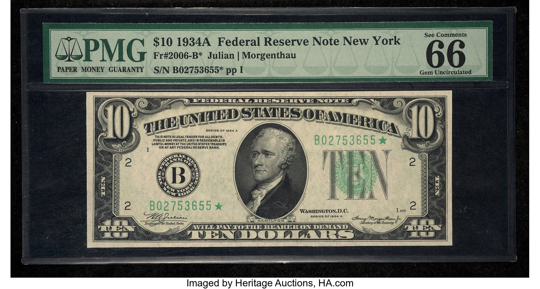image for: Fr. 2006-B* $10 1934A Federal Reserve Note. PMG Gem Uncirculated 66....