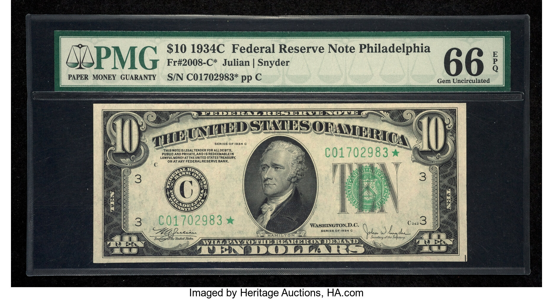 image for: Fr. 2008-C* $10 1934C Federal Reserve Note. PMG Gem Uncirculated 66 EPQ....