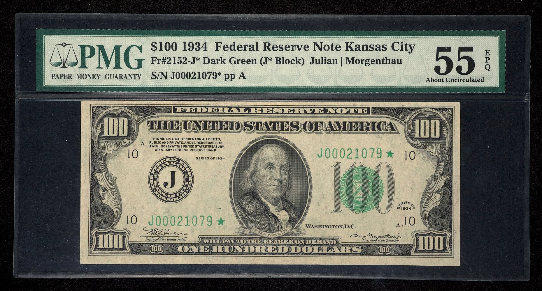 image for: Fr. 2152-J* $100 1934 Dark Green Seal Federal Reserve Star Note. PMG About Uncirculated 55 EPQ....