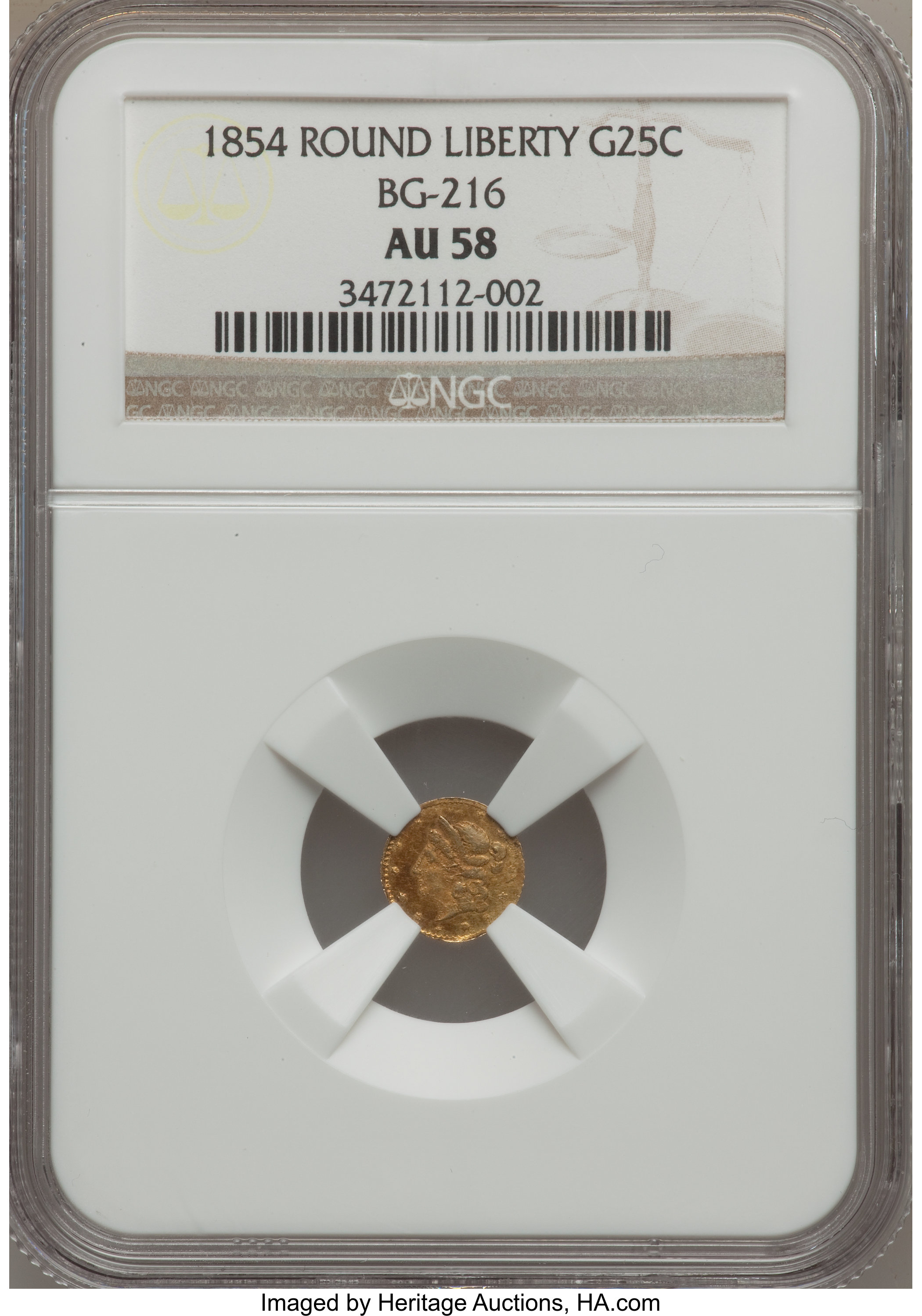 image for: 1854 25C Liberty Round 25 Cents, BG-216, R.6, AU58 NGC. NGC Census: (1/4). PCGS Population (0/19).   (#10401)...