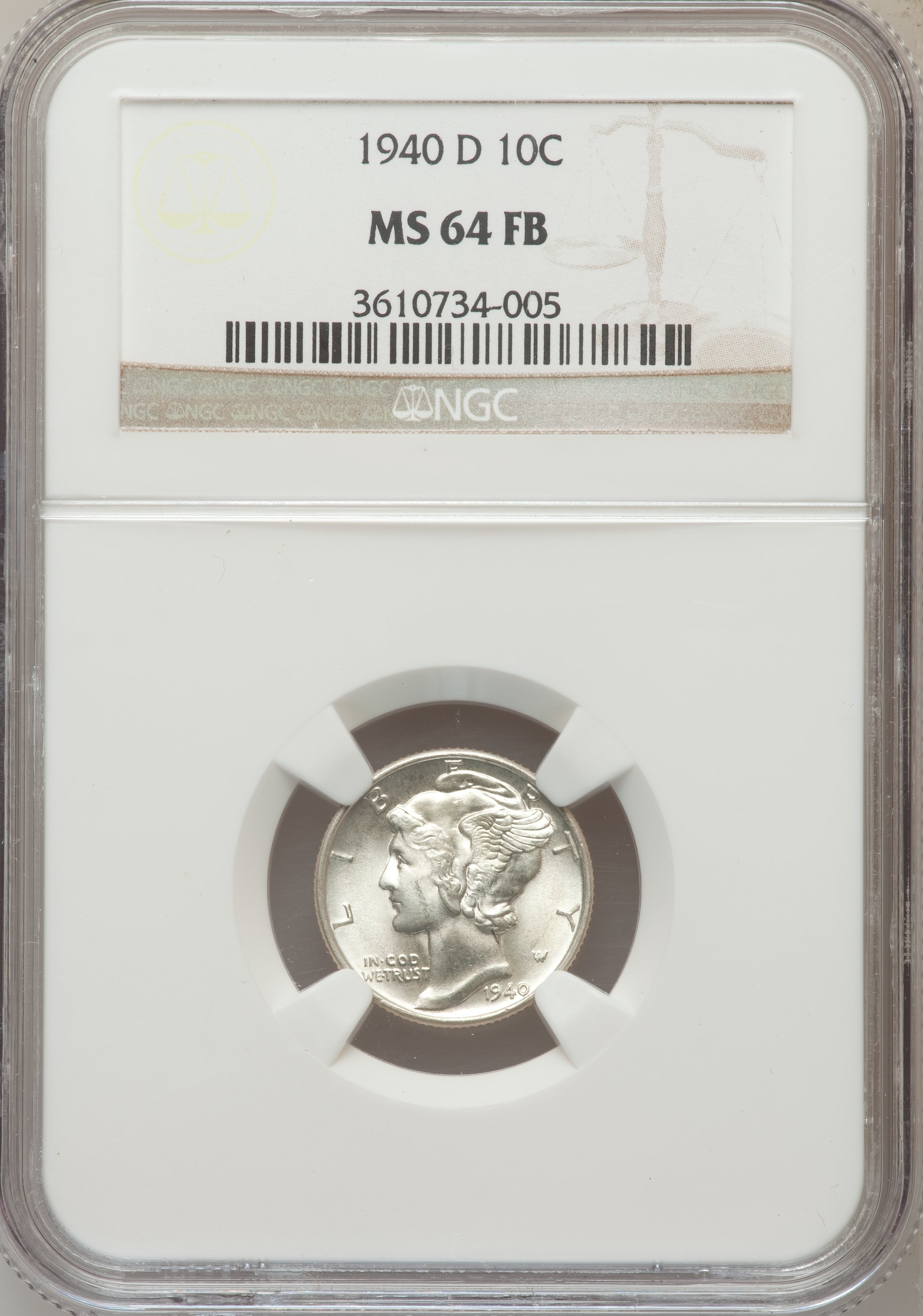 1940-D 10C MS64 Full Bands NGC. NGC Census: (63/1171). PCGS Population (406/2355). Mintage: 21,198,000. Numismedia Wsl. Pri...