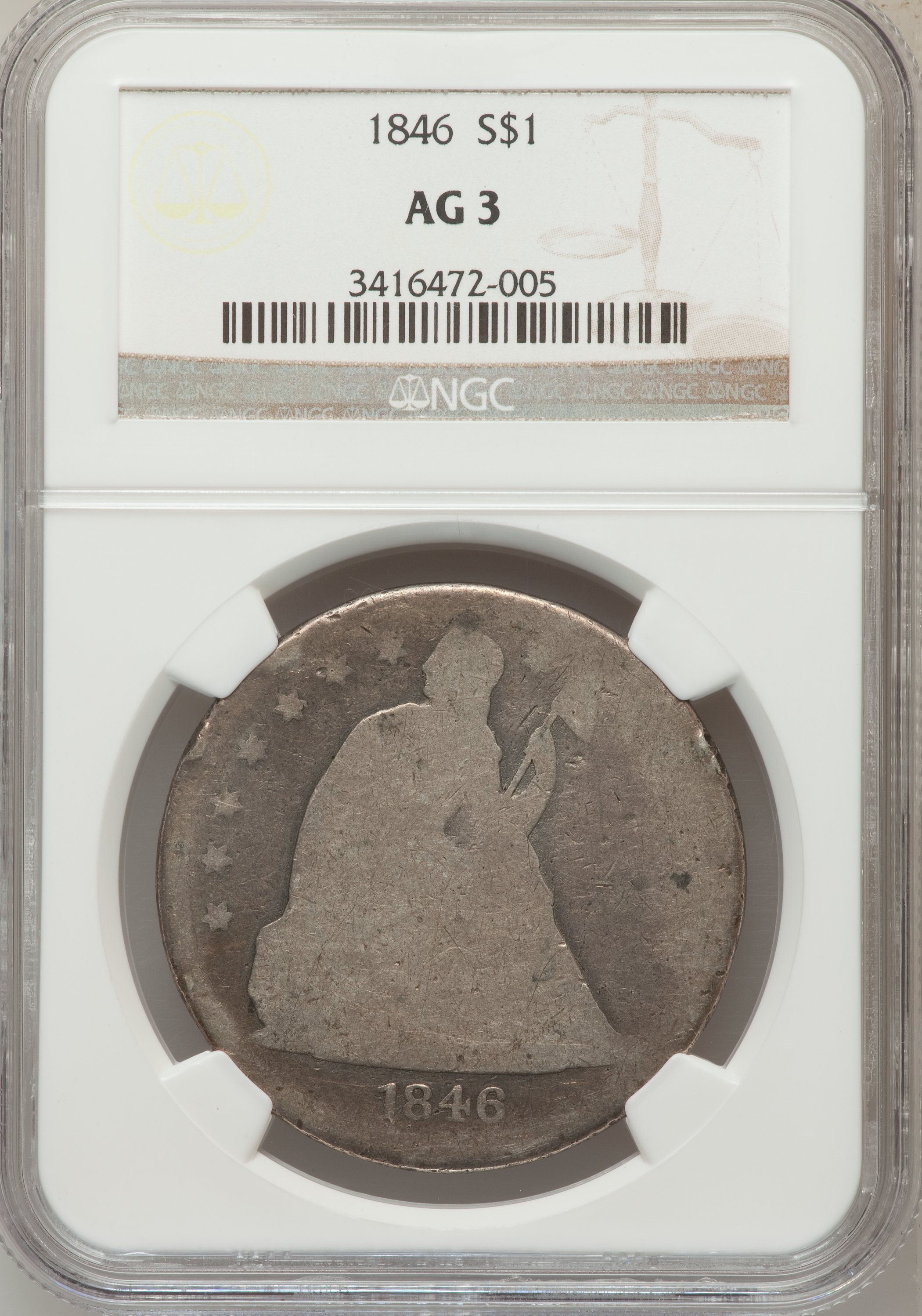 1846 $1 AG3 NGC. NGC Census: (0/384). PCGS Population (0/519). Mintage: 110,600. Numismedia Wsl. Price for problem free NGC...