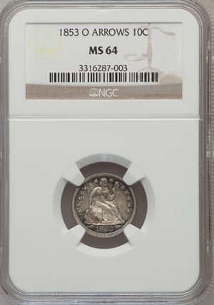 image for: 1853-O 10C Arrows MS64 NGC. NGC Census: (1/1). PCGS Population (3/1). Mintage: 1,100,000. Numismedia Wsl. Price for problem...