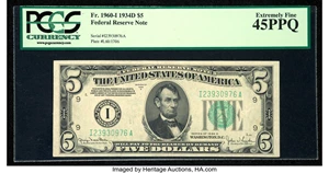 image for: Fr. 1960-I $5 1934D Federal Reserve Note. PCGS Extremely Fine 45PPQ....
