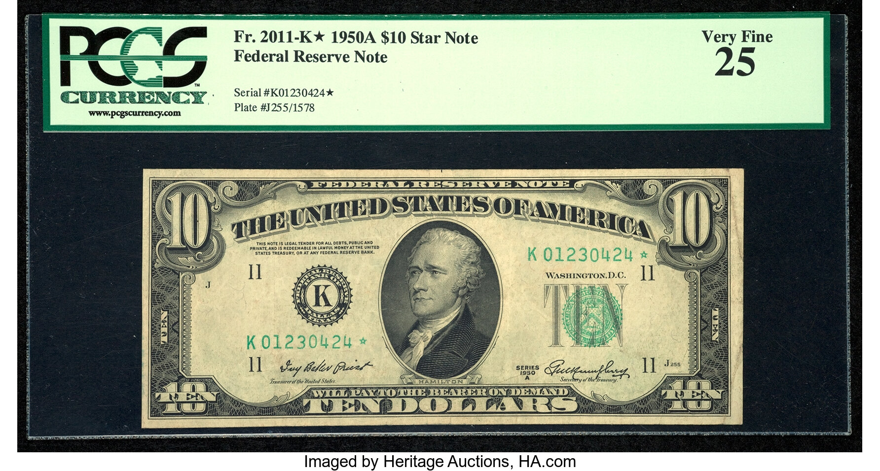 image for: Fr. 2011-K* $10 1950A Federal Reserve Note. PCGS Very Fine 25....