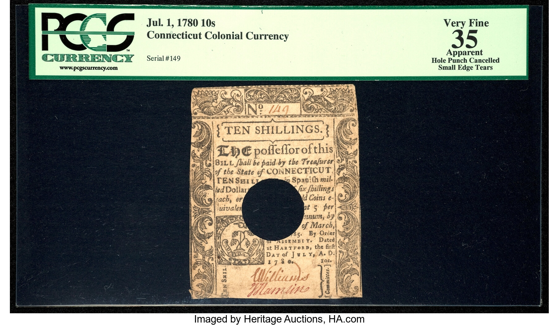 image for: Low Serial Number Connecticut July 1, 1780 10s Hole Cancel PCGS Apparent Very Fine 35....