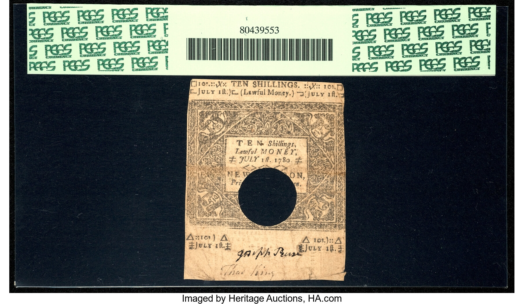 image for: Low Serial Number Connecticut July 1, 1780 10s Hole Cancel PCGS Apparent Very Fine 35....