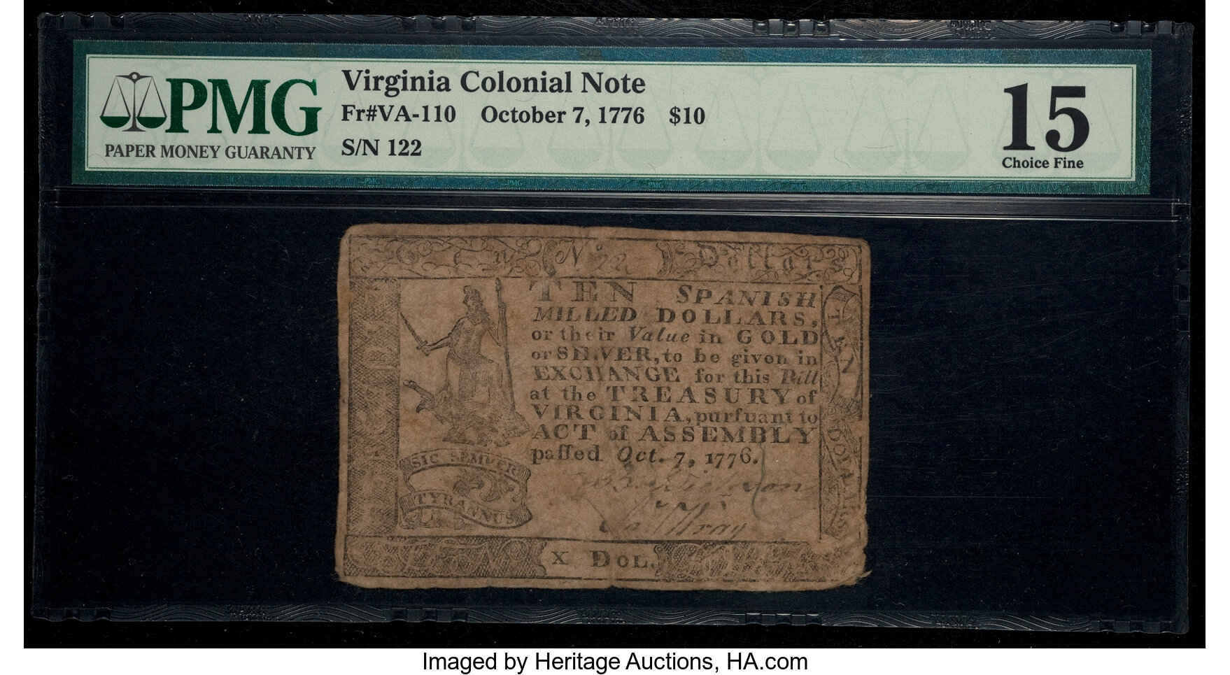 image for: Virginia October 7, 1776 $10 PMG Choice Fine 15....