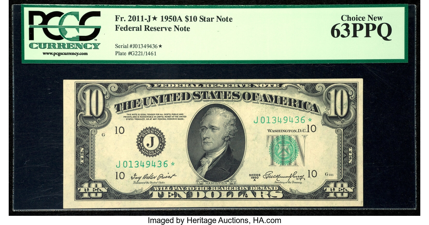 image for: Fr. 2011-J* $10 1950A Federal Reserve Star Note. PCGS Choice New 63PPQ....