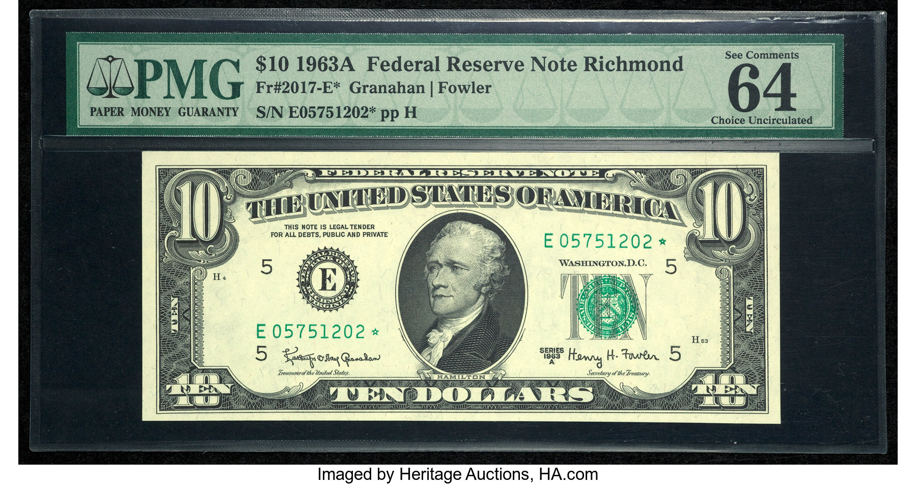 image for: Fr. 2017-E* $10 1963A Federal Reserve Star Note. PMG Choice Uncirculated 64 EPQ....