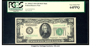 image for: Fr. 2054-E $20 1934 Dark Green Seal Mule Federal Reserve Note. PCGS Very Choice New 64PPQ....