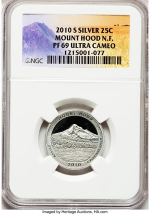 image for: 2010-S 25C Mount Hood National Forest Silver PR69 Ultra Cameo NGC. NGC Census: (0/0). PCGS Population (1072/198)....