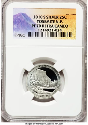 image for: 2010-S 25C Yosemite National Park Silver PR70 Ultra Cameo NGC. NGC Census: (0). PCGS Population (247)....