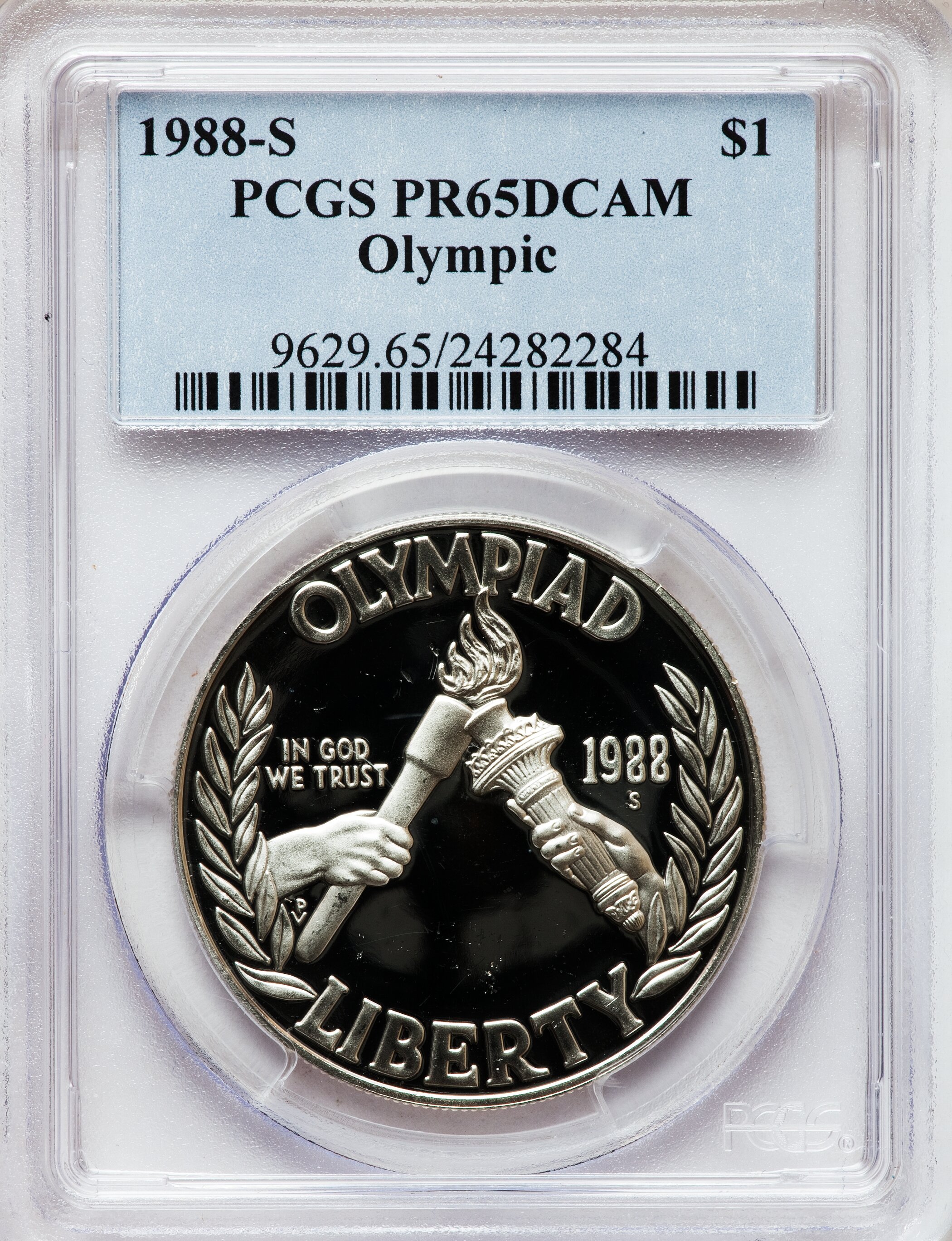 1988-S $1 Olympic Silver Dollar PR65 Deep Cameo PCGS. PCGS Population (16/3269). NGC Census: (1/3843). Mintage: 1,300,000. ...