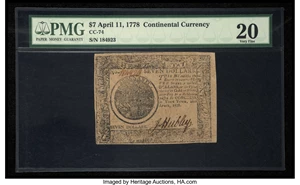 image for: Continental Currency April 11, 1778 $7 PMG Very Fine 20....