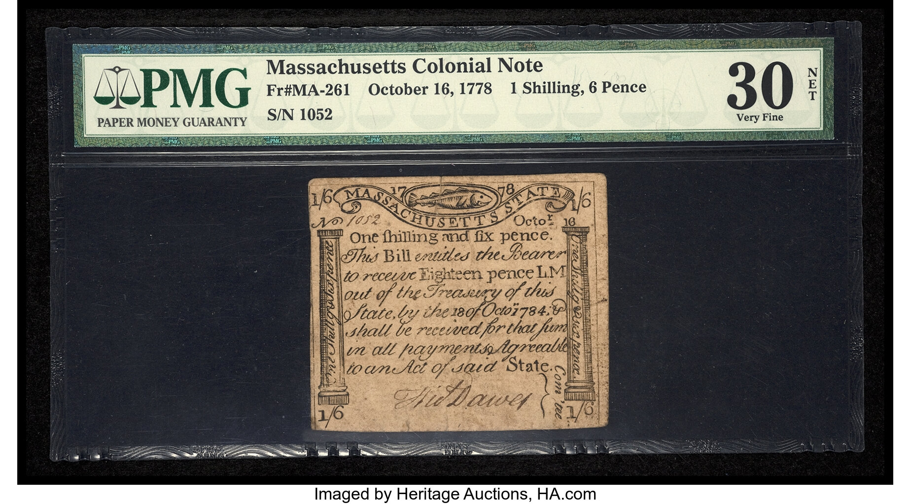 image for: Massachusetts October 16, 1778 1s 6d PMG Very Fine 30 Net....